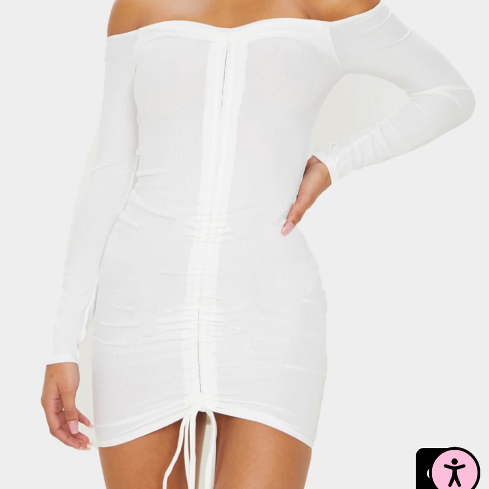 NWTS Pretty Little Thing White Ribbed Long Sleeve Ruched Bodycon Dress size 8 🤍
